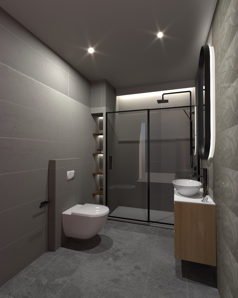 Render 3D del diseño previo del baño; no es una fotografía de la obra terminada